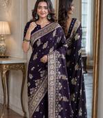 Plum soft silk blend banarasi jacuard work festive saree with unstitched blouse piece