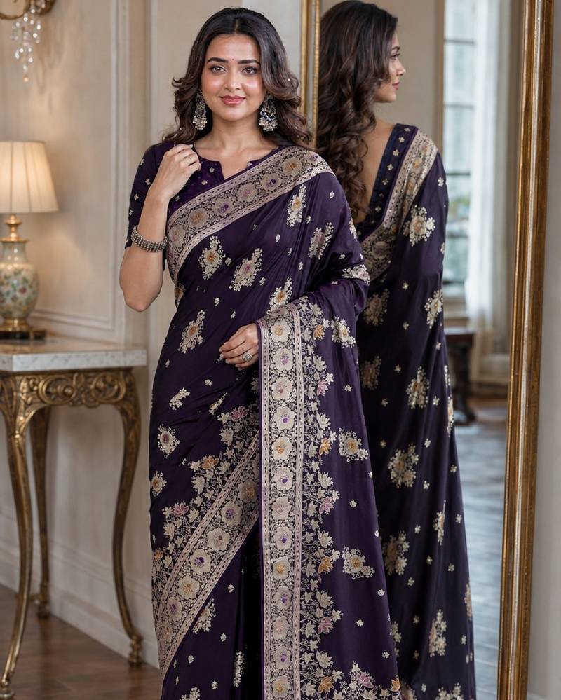 Plum soft silk blend banarasi jacuard work festive saree with unstitched blouse piece