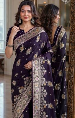 Plum soft silk blend banarasi jacuard work festive saree with unstitched blouse piece 2