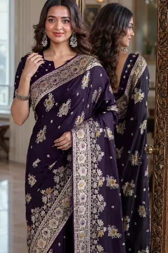 Plum soft silk blend banarasi jacuard work festive saree with unstitched blouse piece