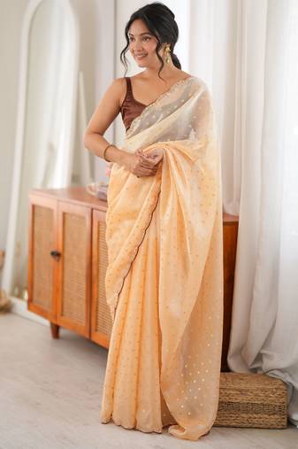Yellow color smart fendy satin fabric designer ethnic partywear saree