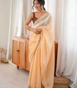 Yellow color smart fendy satin fabric designer ethnic partywear saree