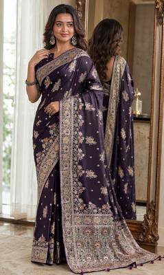 Plum soft silk blend banarasi jacuard work festive saree with unstitched blouse piece 3