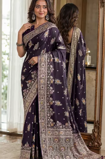 Plum soft silk blend banarasi jacuard work festive saree with unstitched blouse piece