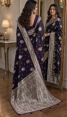 Plum soft silk blend banarasi jacuard work festive saree with unstitched blouse piece 4
