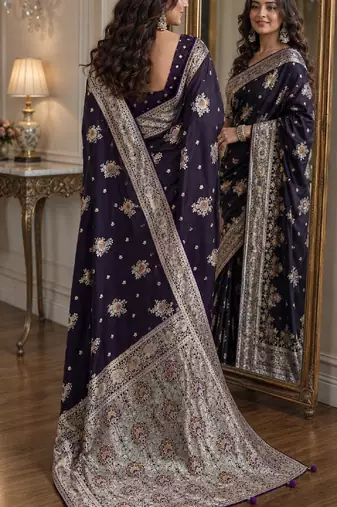 Plum soft silk blend banarasi jacuard work festive saree with unstitched blouse piece