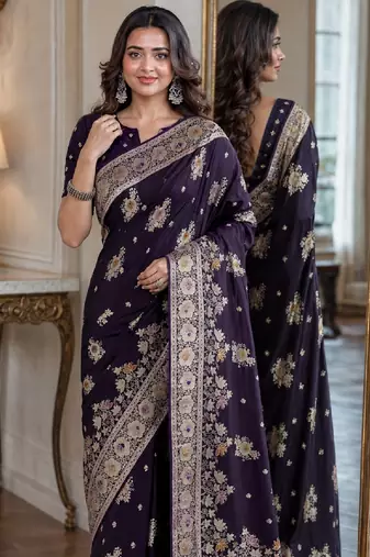 Plum soft silk blend banarasi jacuard work festive saree with unstitched blouse piece