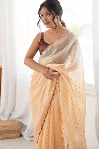 Yellow color smart fendy satin fabric designer ethnic partywear saree