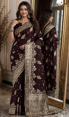 Maroon soft silk blend banarasi jacuard work festive saree with unstitched blouse piece 1