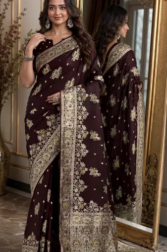 Maroon soft silk blend banarasi jacuard work festive saree with unstitched blouse piece