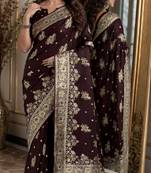 Maroon soft silk blend banarasi jacuard work festive saree with unstitched blouse piece