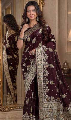 Maroon soft silk blend banarasi jacuard work festive saree with unstitched blouse piece 2