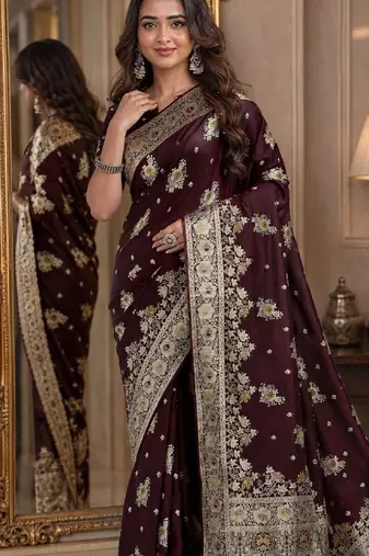 Maroon soft silk blend banarasi jacuard work festive saree with unstitched blouse piece