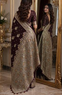 Maroon soft silk blend banarasi jacuard work festive saree with unstitched blouse piece 3