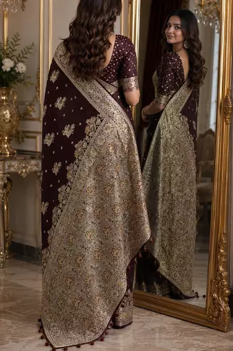 Maroon soft silk blend banarasi jacuard work festive saree with unstitched blouse piece
