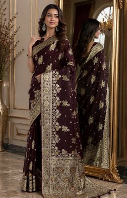 Maroon soft silk blend banarasi jacuard work festive saree with unstitched blouse piece 4