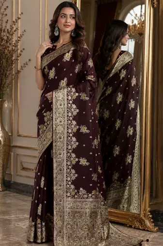 Maroon soft silk blend banarasi jacuard work festive saree with unstitched blouse piece