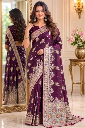 Wine soft silk blend banarasi jacuard work festive saree with unstitched blouse piece