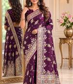 Wine soft silk blend banarasi jacuard work festive saree with unstitched blouse piece