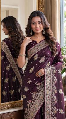 Wine soft silk blend banarasi jacuard work festive saree with unstitched blouse piece 2