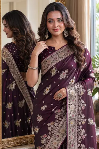 Wine soft silk blend banarasi jacuard work festive saree with unstitched blouse piece