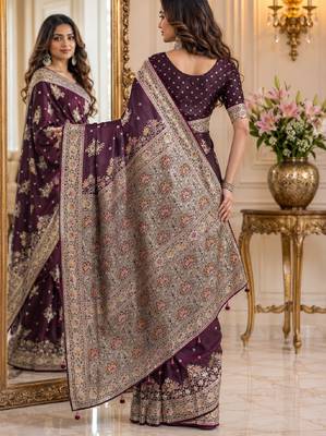 Wine soft silk blend banarasi jacuard work festive saree with unstitched blouse piece 3