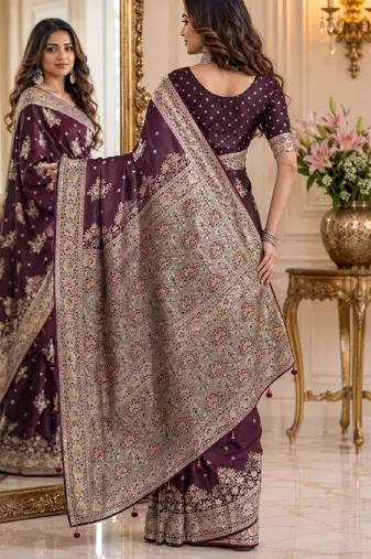 Wine soft silk blend banarasi jacuard work festive saree with unstitched blouse piece