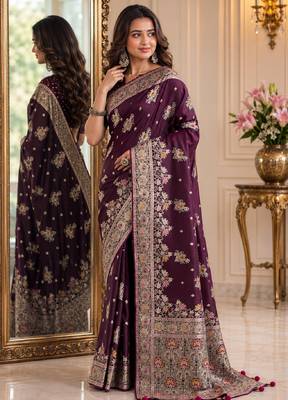 Wine soft silk blend banarasi jacuard work festive saree with unstitched blouse piece 4