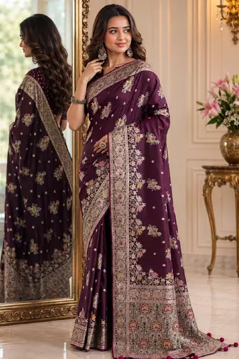 Wine soft silk blend banarasi jacuard work festive saree with unstitched blouse piece