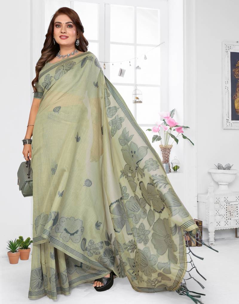 pista color smart spun cotton blend fabric woven designer saree