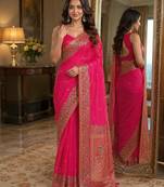Pink soft silk blend banarasi jacuard work festive saree with unstitched blouse piece