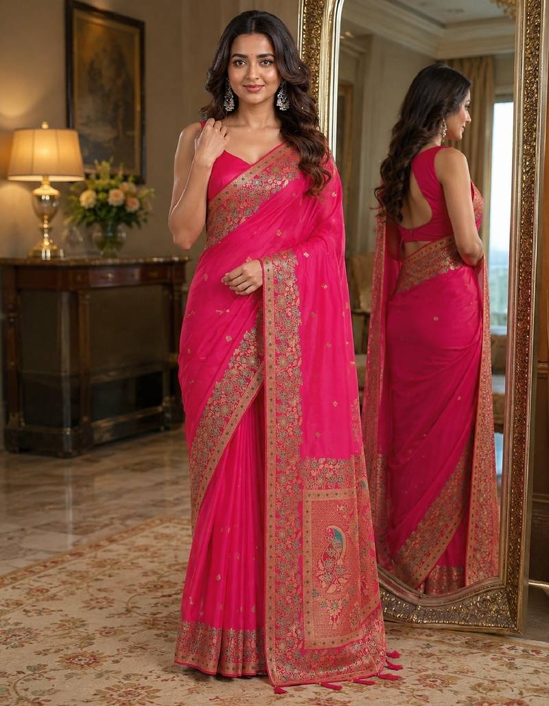 Pink soft silk blend banarasi jacuard work festive saree with unstitched blouse piece