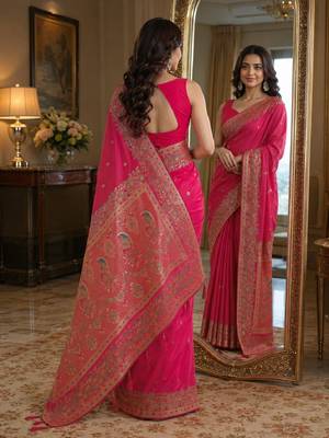 Pink soft silk blend banarasi jacuard work festive saree with unstitched blouse piece 3