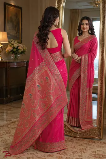 Pink soft silk blend banarasi jacuard work festive saree with unstitched blouse piece