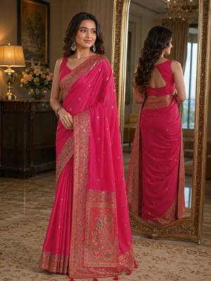 Pink soft silk blend banarasi jacuard work festive saree with unstitched blouse piece 4