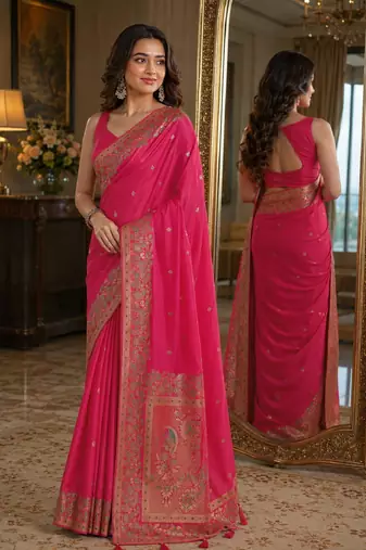 Pink soft silk blend banarasi jacuard work festive saree with unstitched blouse piece