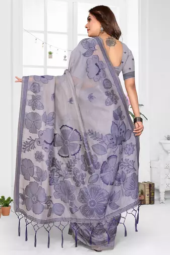 grey color smart spun cotton blend fabric woven designer saree