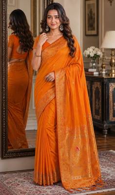 Orange soft silk blend banarasi jacuard work festive saree with unstitched blouse piece 1