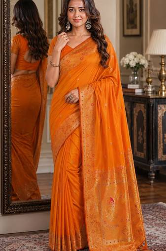 Orange soft silk blend banarasi jacuard work festive saree with unstitched blouse piece