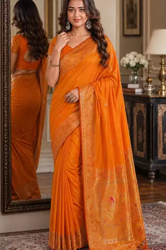 Orange soft silk blend banarasi jacuard work festive saree with unstitched blouse piece
