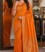 Orange soft silk blend banarasi jacuard work festive saree with unstitched blouse piece