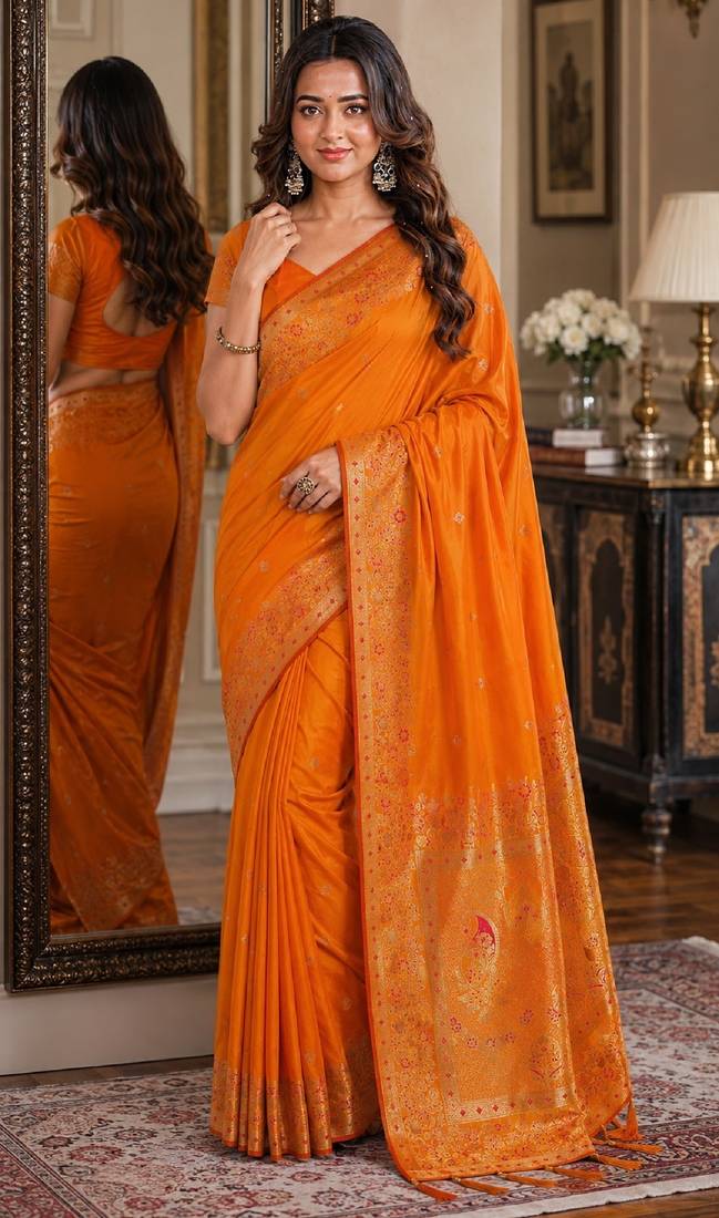 Orange soft silk blend banarasi jacuard work festive saree with unstitched blouse piece