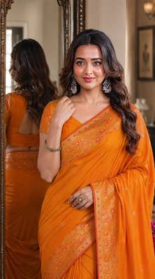 Orange soft silk blend banarasi jacuard work festive saree with unstitched blouse piece 2