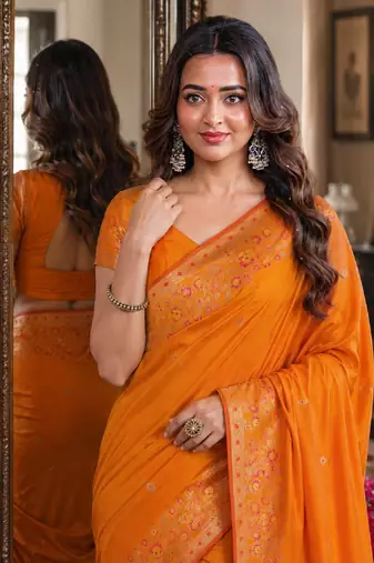 Orange soft silk blend banarasi jacuard work festive saree with unstitched blouse piece
