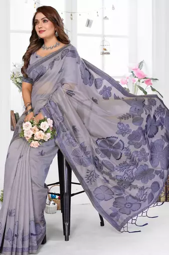 grey color smart spun cotton blend fabric woven designer saree