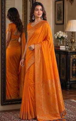 Orange soft silk blend banarasi jacuard work festive saree with unstitched blouse piece 3