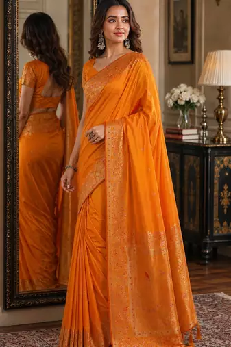 Orange soft silk blend banarasi jacuard work festive saree with unstitched blouse piece