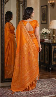 Orange soft silk blend banarasi jacuard work festive saree with unstitched blouse piece 4