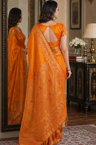 Orange soft silk blend banarasi jacuard work festive saree with unstitched blouse piece