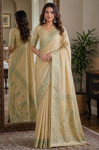 Cream soft silk blend banarasi jacuard work festive saree with unstitched blouse piece